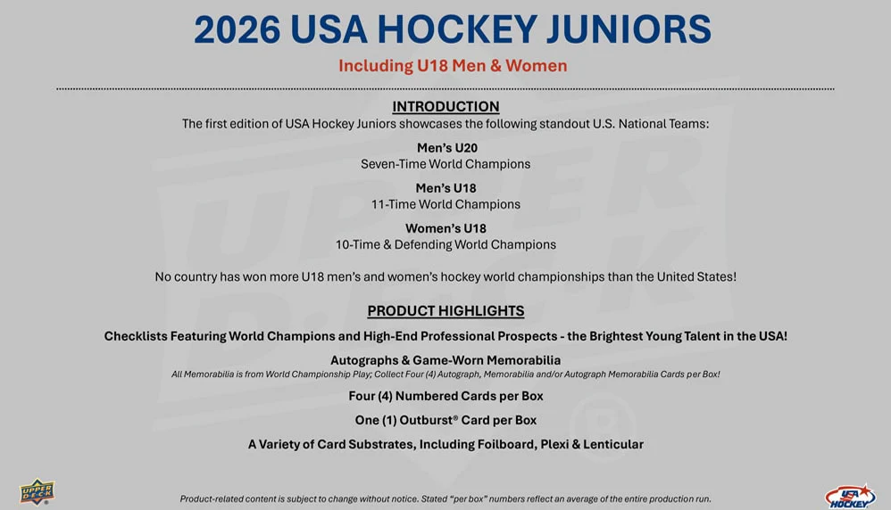 2026 Upper Deck Team USA Juniors Hockey Hobby Box (Pre-Order) - Image 2
