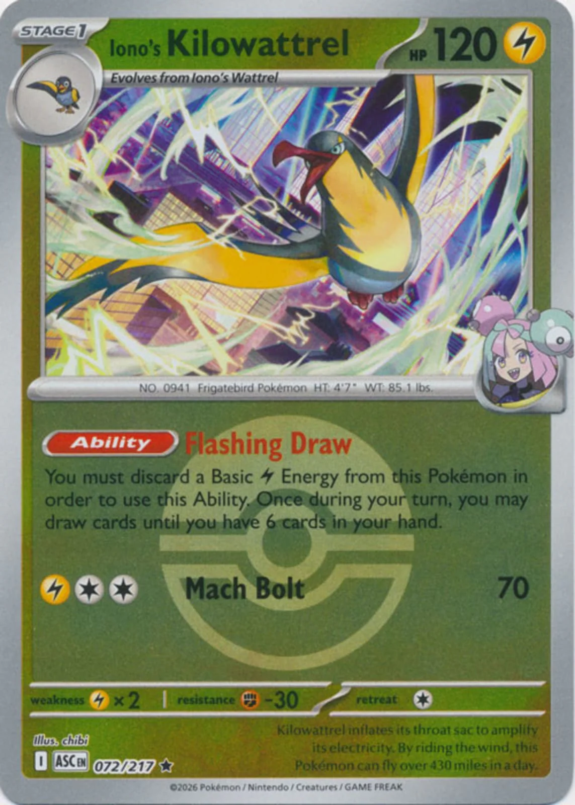 Iono's Kilowattrel (Poke Ball) - 072/217 - Rare